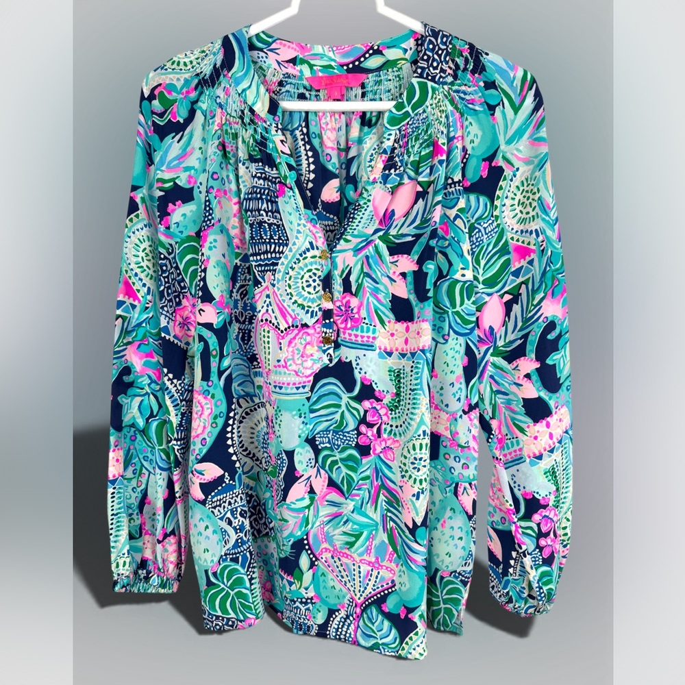 Lilly Pulitzer Lookin Sharp Elsa Blouse Shirt 100% Silk Size S Blue Pink